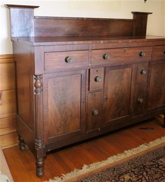 Circ 1840 Eastern Shore Virginia Sheraton Mahogany Sideboard with Dovetailed Drawers - 7 Hand Dovetailed Drawers - 2 Cellarette Drawers - 3 Cabinets with Scalloped Shelves - Reeded Column Details...