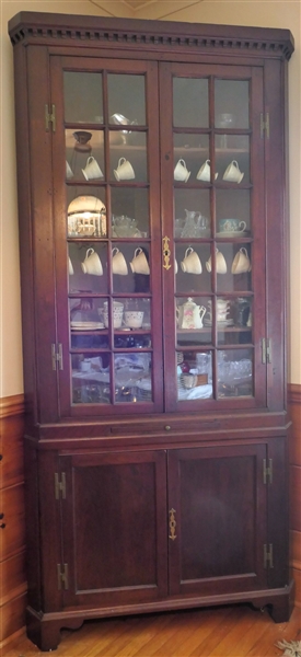 Walnut 24 Pane Corner Cupboard - Panel Door - Pull Out Tray  - H Hinges - Dentil Molding - 2 Piece Cupboard - Top is Pegged - Measures 93" tall 44" by 21" Deep - NO CONTENTS