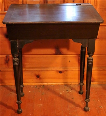 Unusual Lift Top Desk - Turned Legs - Hole in Top For Ink Well - Desk Measures 32 tall 26 by 20