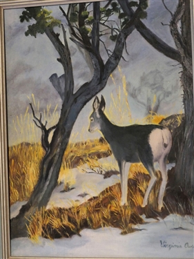 Virginia Owen Artist Signed Oil on Board Painting of Deer - Framed - Art Measures 16 by 12