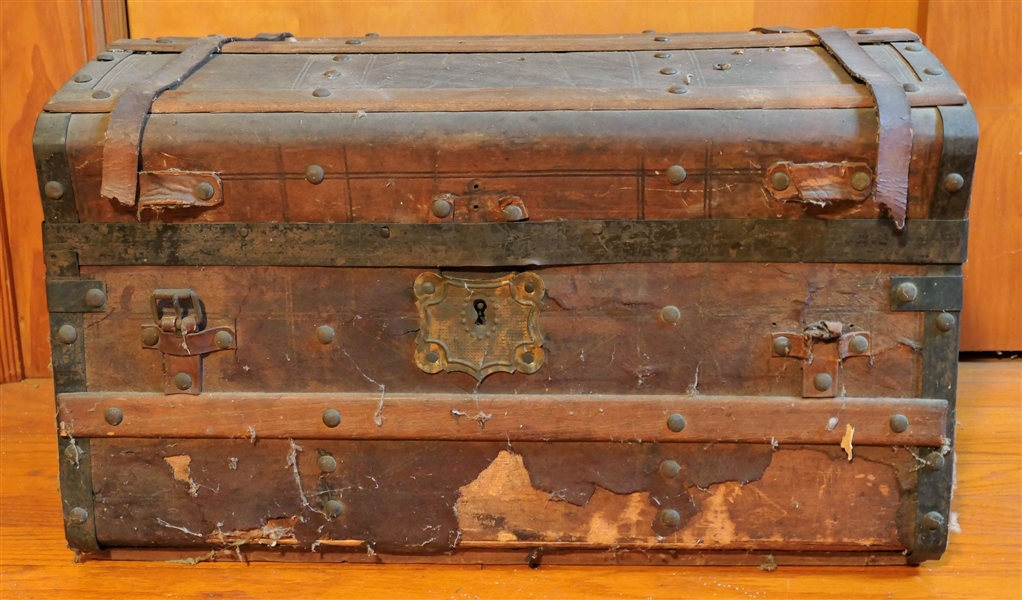 Stagecoach Trunk - Leather Straps - Wood Bands - Measures 14" tall 23" by 14" 