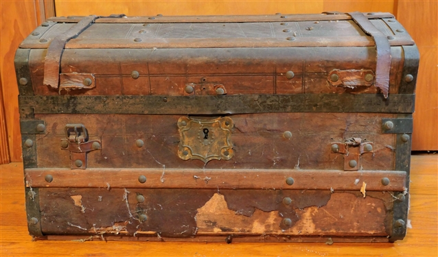 Stagecoach Trunk - Leather Straps - Wood Bands - Measures 14 tall 23 by 14 