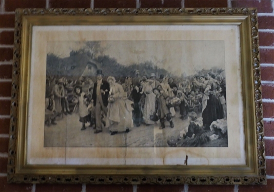 The Village Wedding Antique Print - Framed in Gold Gilt Frame - Some Gilt Loss to Frame and Water Damage to Print - Frame Measures 29 1/2 by 41 1/2