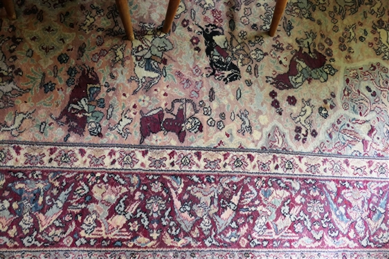 Machine Made Wool Rug - Persian Hunting Scene  - Measures 12'3 by 8'7 - Needs Cleaning 