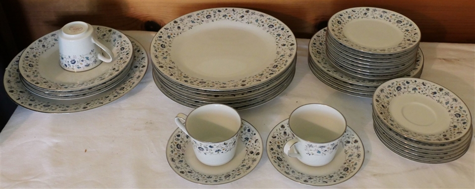 28 Pieces of Noritake Contemporary Floris - 2480 - Dinner Plates, Salad Plates, Bread Plates, Cups and Saucers - Some Wear to Platinum Trim  - 5 Damaged Pieces Not Included in Count
