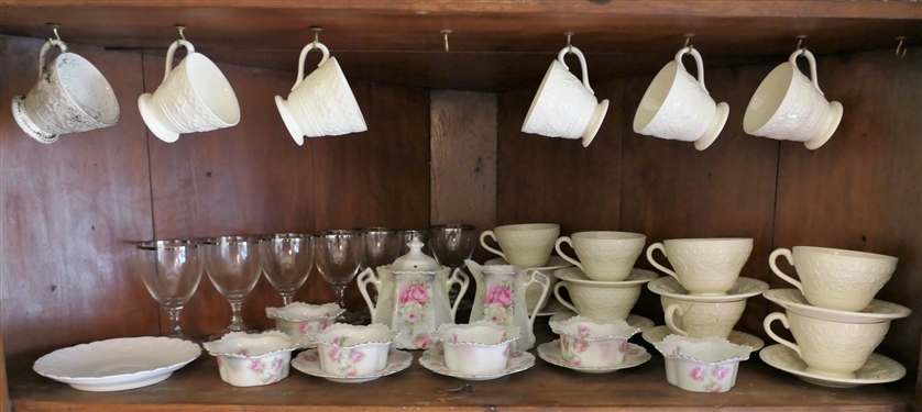 Shelf Lot including Wedgwood Wellesley Cups and Saucers, Hand Painted Porcelain, and Platinum Trimmed Goblets