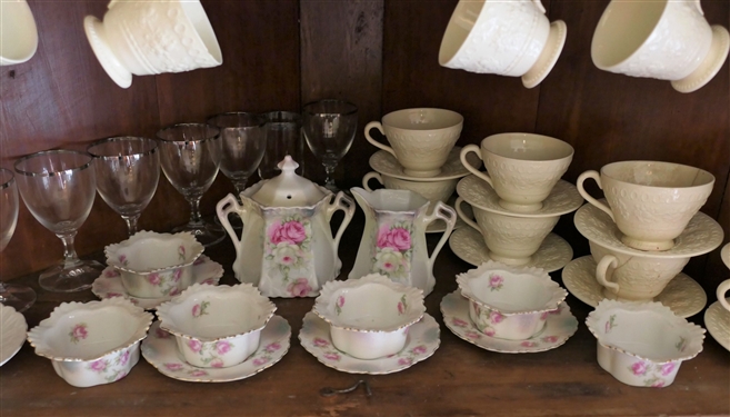 Shelf Lot including Wedgwood Wellesley Cups and Saucers, Hand Painted Porcelain, and Platinum Trimmed Goblets