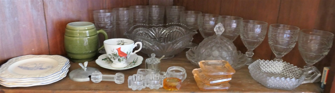 Shelf Lot including Glassware, Cruets, Butter Dish, Early American Press Glass, and Knife Rest