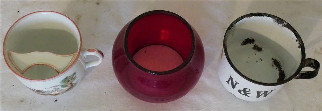 Red Southern Railroad Lantern Globe, N&W Enamel Mug, and Porcelain Moustache Cup with Train - Moustache Cup Measures 3 1/4 Tall 4 Across