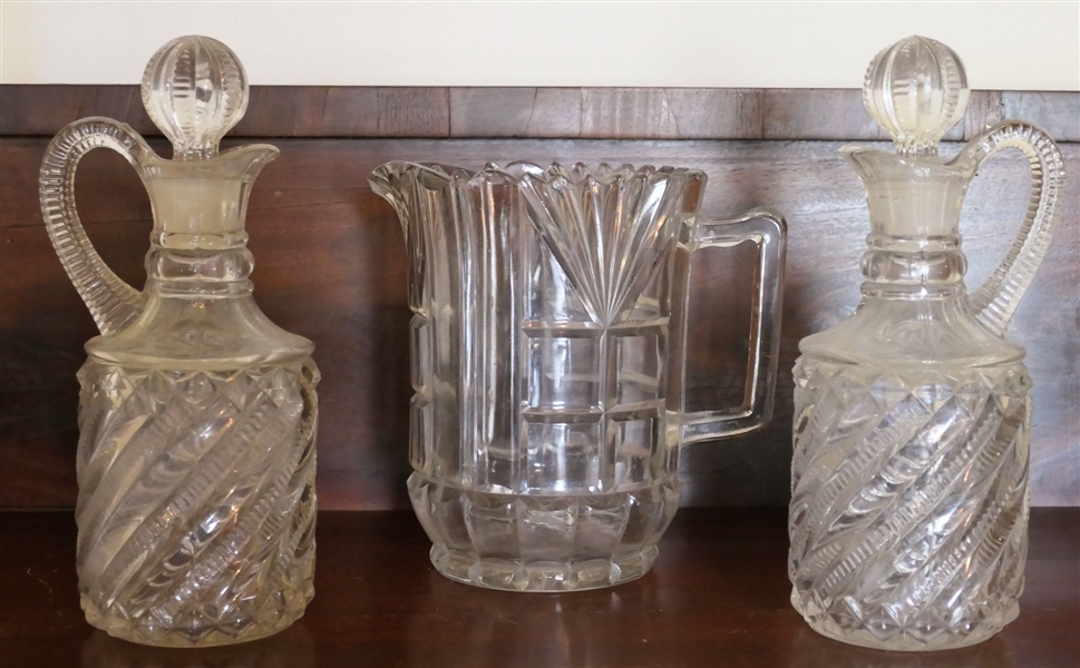 2 Early American Press Glass Cruets and Pitcher - Cruets Measure 8 3/4"