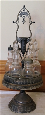 Nice Victorian Cruet Set - Revolving Silverplate Holder with 6 Bottles -  Measures 20 Overall