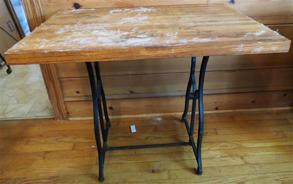 Biscuit Roller Table With Butcher Block Top - Table Measures 29 tall 34 by 24 - Top Has Residue From Table Cloth - Also Includes Biscuit Roller That Attaches to Side - Pictured Separately 