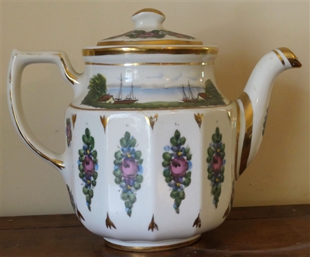 Shenango China - New Castle PA. - Hand Painted Tea Pot with Ships and Flowers - Tea Pot Measures 8 1/2 Tall 10 Spout To Handle - Some Minor Gold Loss On Handle 