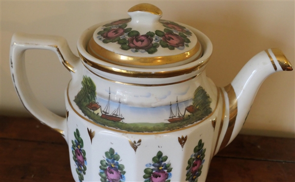 Shenango China - New Castle PA. - Hand Painted Tea Pot with Ships and Flowers - Tea Pot Measures 8 1/2 Tall 10 Spout To Handle - Some Minor Gold Loss On Handle 