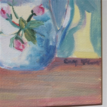 Oil on Board Still Life Painting of Flowers - Artist Signed - Framed and Matted in Beautiful Gold Frame with Grapes and Leaves - Frame Measures 20 3/4 by 14 1/2 