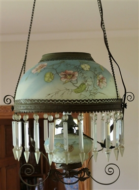 Hand Painted Victorian Oil Lamp with Hand Painted Shade with Birds and Flowers -Crystal Prisms -  Lamp Has Not Been Drilled -  Buyer Must Take Down 