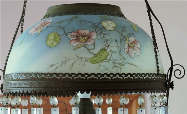 Hand Painted Victorian Oil Lamp with Hand Painted Shade with Birds and Flowers -Crystal Prisms -  Lamp Has Not Been Drilled -  Buyer Must Take Down 