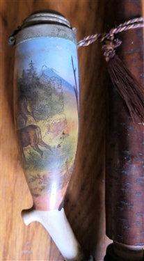 Hand Painted Persian / German Smoking Pipe - Hand Painted Deer Scene - Wood Tree Shaft with Stag and Bone Near Top - Measures 36 Long Not Including Mouth Piece 