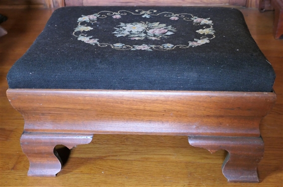 Nice Walnut Foot Stool with Needle Point Top - Measures 10 Tall 16 1/2 by 20 1/2