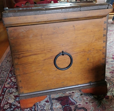 1800's Pine Dovetailed Case Strong Box with Blacksmith Shop Made Strap Hinges and Large Heavy Duty Bell Shaped Lock -Round Iron Handles on Ends - Dovetailed Case -Hinges Stamped or RV  Chest...