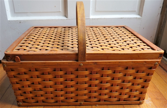 Vintage Oak Split Picnic Basket with Lid - Measuring 8 1/2 tall 19 by 13 1/2 
