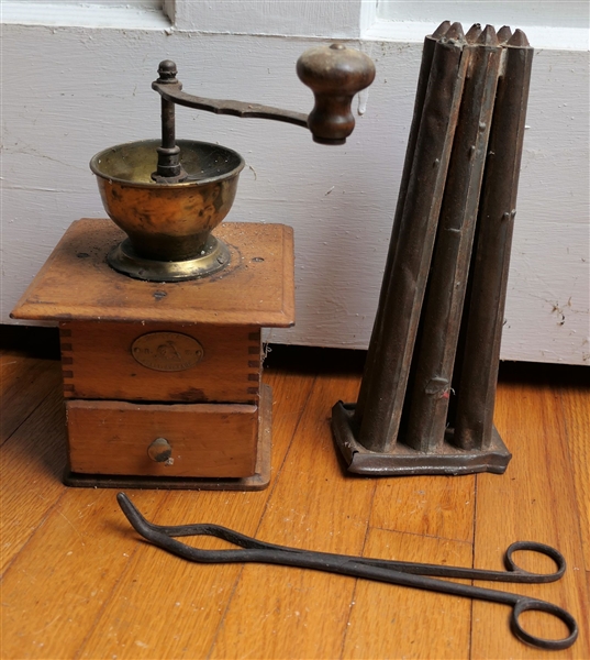 6 - Candle Mold, Zassenhaus Qualitatsware Coffee Mill, Pinchers, and Iron Key 