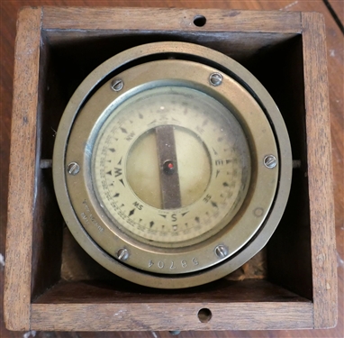 Star - Boston USA Ship Compass - In Oak Box - Missing Lid - Compass Measures 5 Across