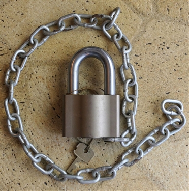 Sargent & Greenleaf Inc. LARGE Padlock with Chain and Key - Marked SG 01 44 - Lock Measures 4 1/2 Tall 2 3/4 by 1 1/4 