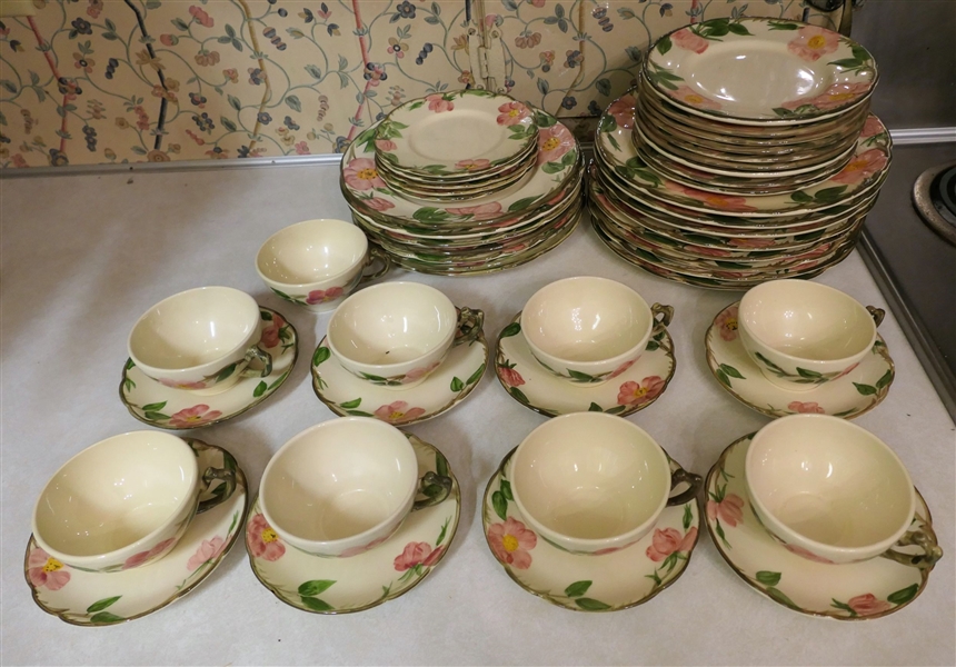 46 Pieces of Franciscan Desert Rose China - Dinner Plates, Luncheon Plates, Salad / Dessert Plates, Bread Plates, Cup & Saucer Sets - Mixture of Back Stamps