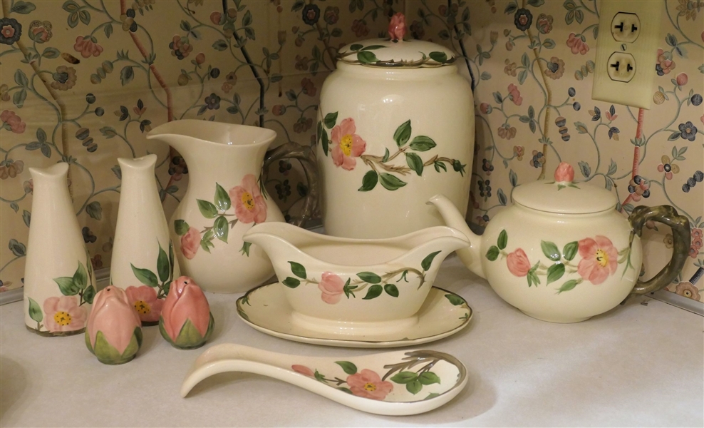 6 Pieces of Franciscan Desert Rose - Large Cookie Jar, Tea Pot, Gravy, Pitcher, Salt & Pepper Shakers, and Spoon Rest - Cookie Jar Measures 10" tall 