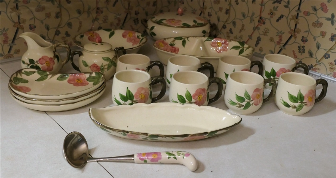 18 Piece Lot of Franciscan Desert Rose including Covered Bowl, Hot Chocolate Mugs, Divided Oval Bowl, Serving Bowl, Oval Dish, Ladle, Bone Dishes, Cream & Sugar - Creamer Has Small Nick on Lip 