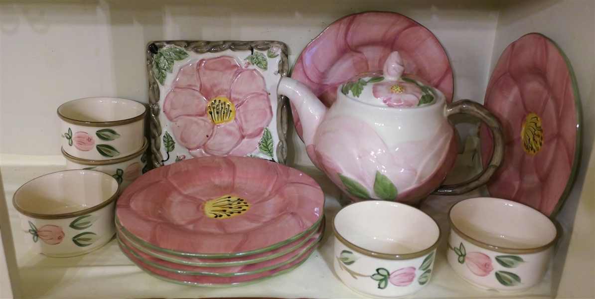 Lot of Modern Franciscan Desert Rose - Made in Portugal - including Tea Pot,  Ramekins, Plates, and Trivet - Plates Measure 8" Across