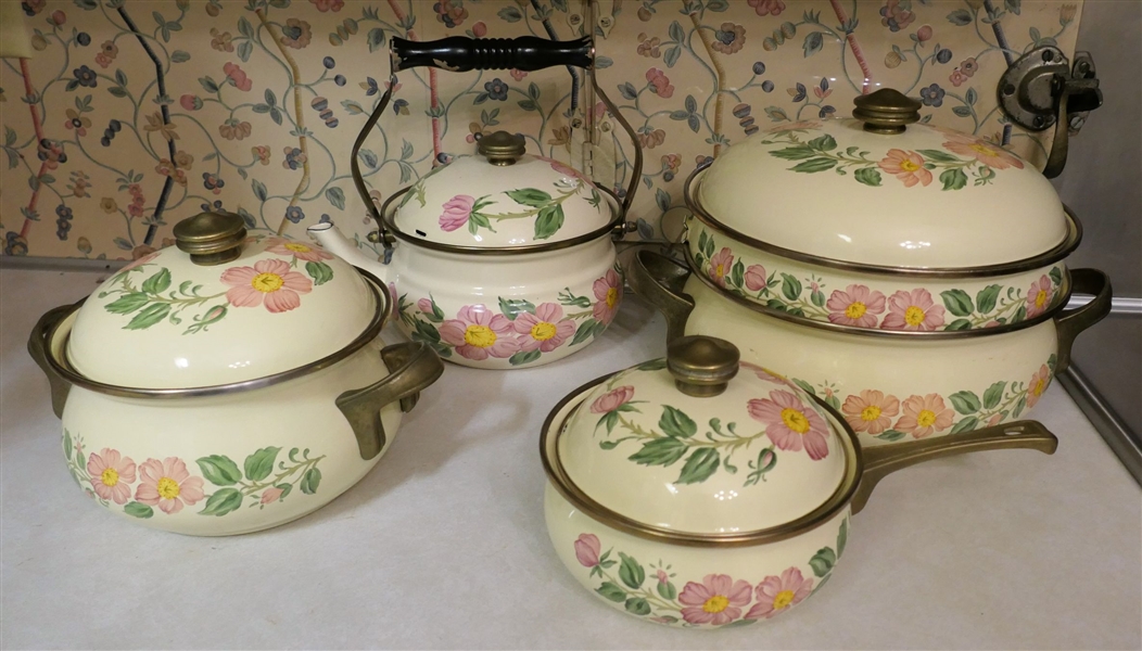 5 Pieces of Franciscan Desert Rose Enameled Cookware - Including Tea Pot, Sauce Pans, and Double Boiler with Removable Brass Handle - Tea Pot Has Staining Inside 