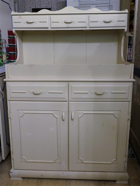 Antique White Painted Kitchen Cabinet - Hutch - 3 Small Drawers Over 2 Drawers and 2 Cabinets - Measures 54" tall 36" by 16" 