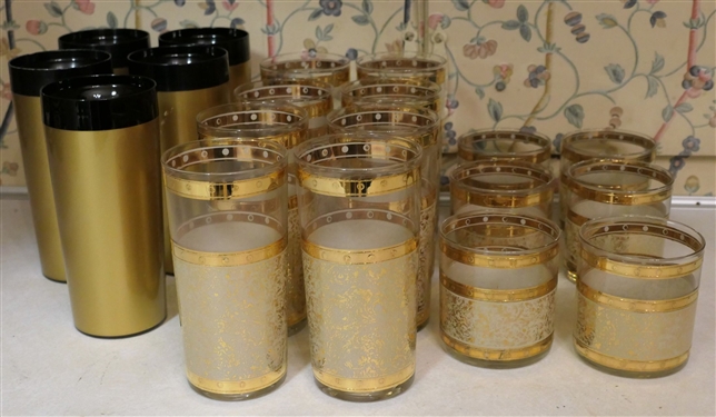 Lot of Gold Mid Century Glasses / Cups - 14 Glasses with Gold Decoration - Tumblers Measure 3 1/4  and 5 Plastic Cups West Bend Thermo- Serv - Black and Gold 