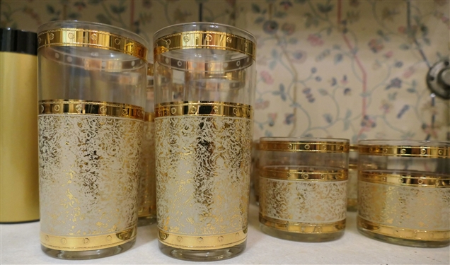 Lot of Gold Mid Century Glasses / Cups - 14 Glasses with Gold Decoration - Tumblers Measure 3 1/4  and 5 Plastic Cups West Bend Thermo- Serv - Black and Gold 