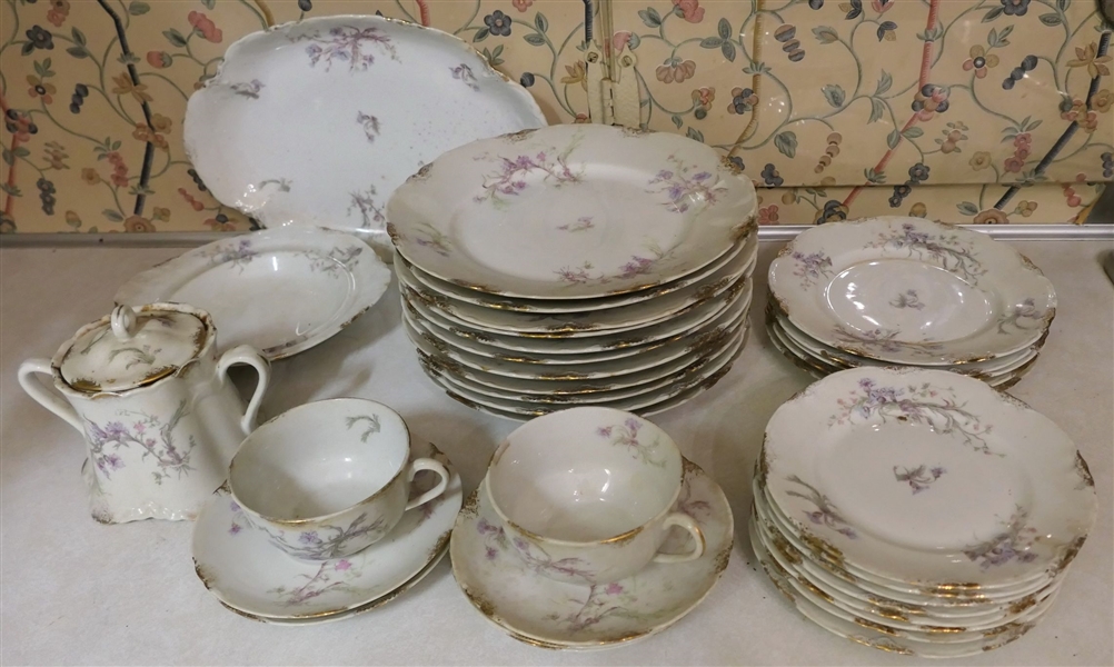 34 Pieces of Warwick China - 1933 - White with Light Purple Flowers - Including Plates, Cup & Saucer Sets, 11" Platter, and Sugar Bowl 