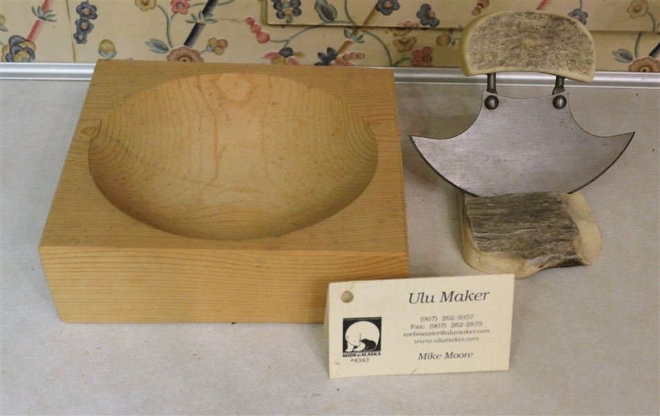 Handmade Alaskan Ulu Knife by Mike Moore - with Original Information Card and Stag Handle and Stand