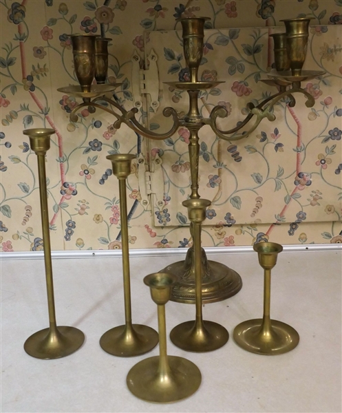 6 Brass Candle Sticks - 1 5 Branch Candelabra and 5 Individual Candle Sticks - Candelabra Measures 13 1/2" Tall