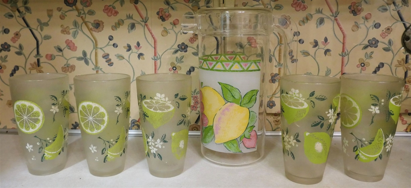5 Acrylic Cups with Limes and 1 Acrylic Pitcher with Fruit - Lime Cups Marked HJ Stotter Inc. New York, Pitcher Marked Collections 
