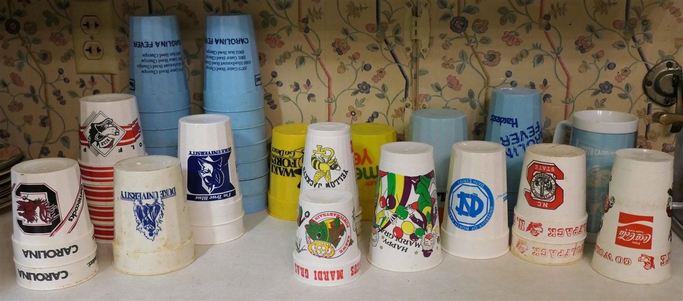 Large Collection o  Vintage Plastic Cups - Hardees - Carolina Fever, NC State Wolf Pack, Carolina Gamecocks, Mardi Gras, Mello Yello, Wake Forest, Duke, Georgia Tech, and Others - 42 Cups