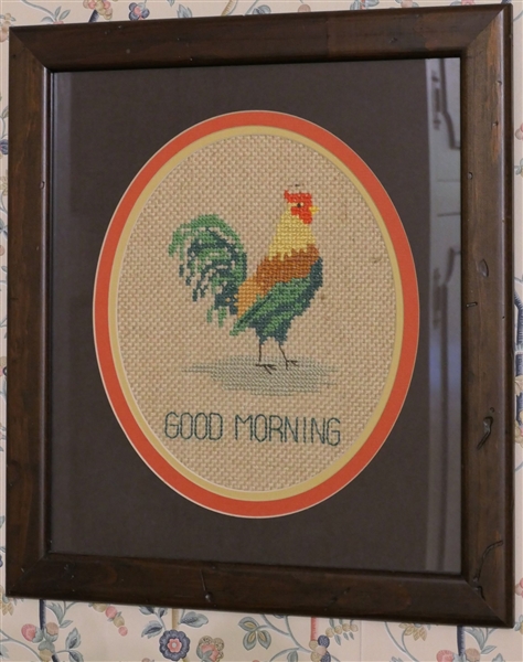 "Good Morning" Rooster Needlework - Framed and Triple Matted - Frame Measures 18" by 16" 