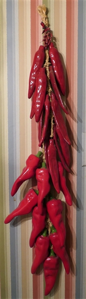 2 Strings of Terracotta Red Peppers and Pepper Salt, Pepper, and Spoon Rest - Peppers Measure 