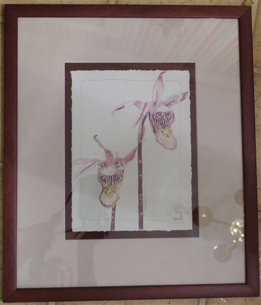 Sywa Artist Signed Original Pen and Watercolor of Orchids - Framed and Matted - Frame Measures 18" by 16" 