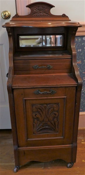 Walnut Victorian Coal Skuttle Cabinet - Fall Front Skuttle Door with Arabesque Design - Beveled Mirror Backsplash - Measures 39" Tall 14" by 15" 