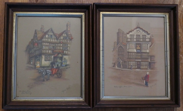 Pair of Clyde Gale Chalk Drawings in Walnut Shadowbox Frames - The Bell Inn and Mol's Coffee House - Frames Measure 12 by 10 