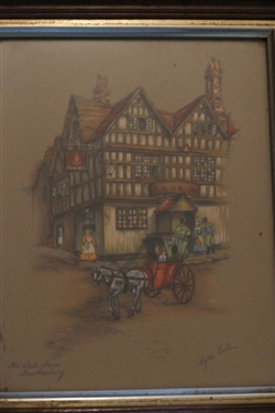 Pair of Clyde Gale Chalk Drawings in Walnut Shadowbox Frames - The Bell Inn and Mol's Coffee House - Frames Measure 12 by 10 