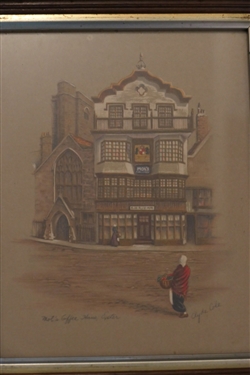 Pair of Clyde Gale Chalk Drawings in Walnut Shadowbox Frames - The Bell Inn and Mol's Coffee House - Frames Measure 12 by 10 