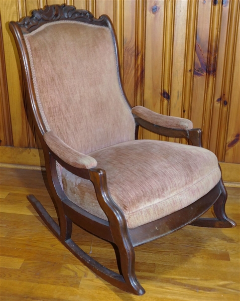 Victorian Carved Rocker - Unusual Carvings - Some Damage to Left Top Corner -  See Photo
