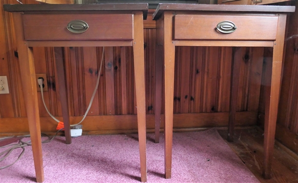 Pair of Mahogany Pegged Tables - Single Dovetailed Drawer  - Tapered Legs - Each Table Measure - 29 Tall 21 by 17 - Top Finish Needs Attention